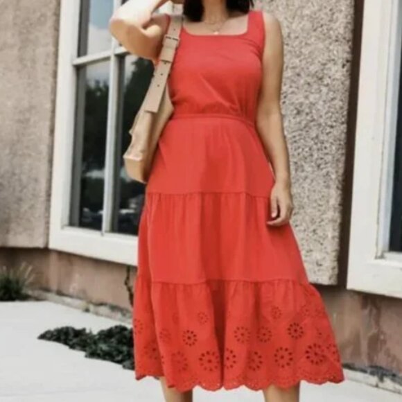 Talbot's Fit & Flare Coral Tiered Eyelet Ruffle Midi Dress Medium - Picture 7 of 13